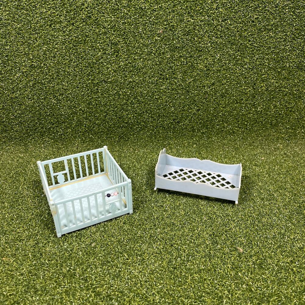 Vintage Blue Miniature Dollhouse Baby Playpen Bed Furniture Set
